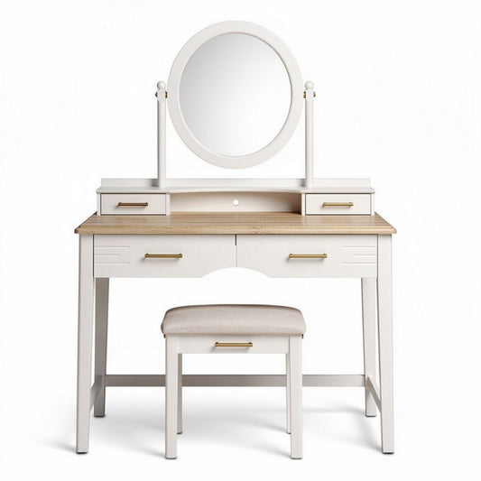 Toaletka z lustrem biała z szufladami i taboretem w stylu klasycznym 100 x 40 x 150cm