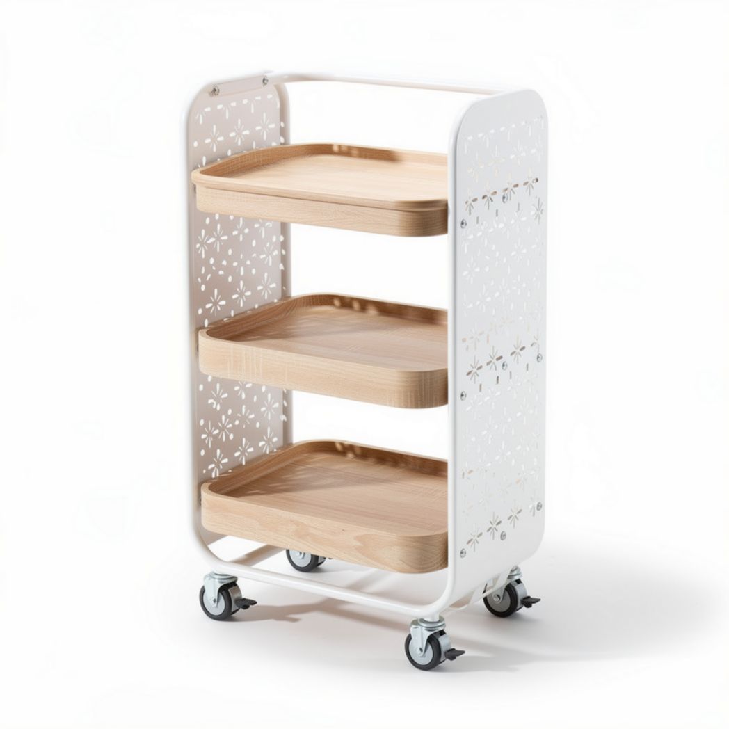 Mobilny wózek kuchenny z metalową siatką i drewnianymi półkami 81 x 36 x 76cm