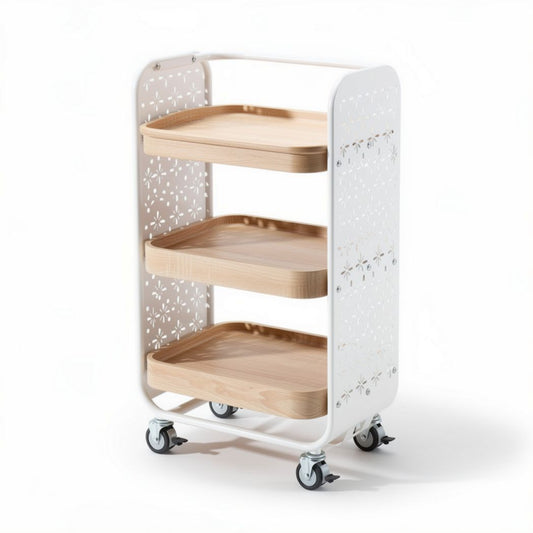 Mobilny wózek kuchenny z metalową siatką i drewnianymi półkami 81 x 36 x 76cm